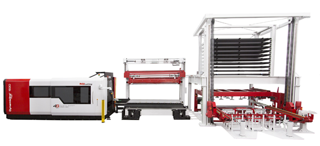 TCI Cutting Dynamicline Fiber de 15kW con sistema de carga, descarga y almacenamiento automatizado.